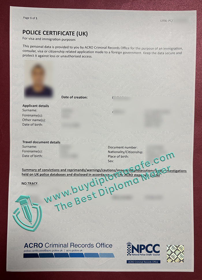 Police Certificate UK sample