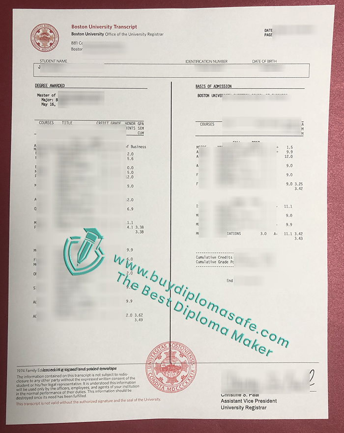 Boston University transcript